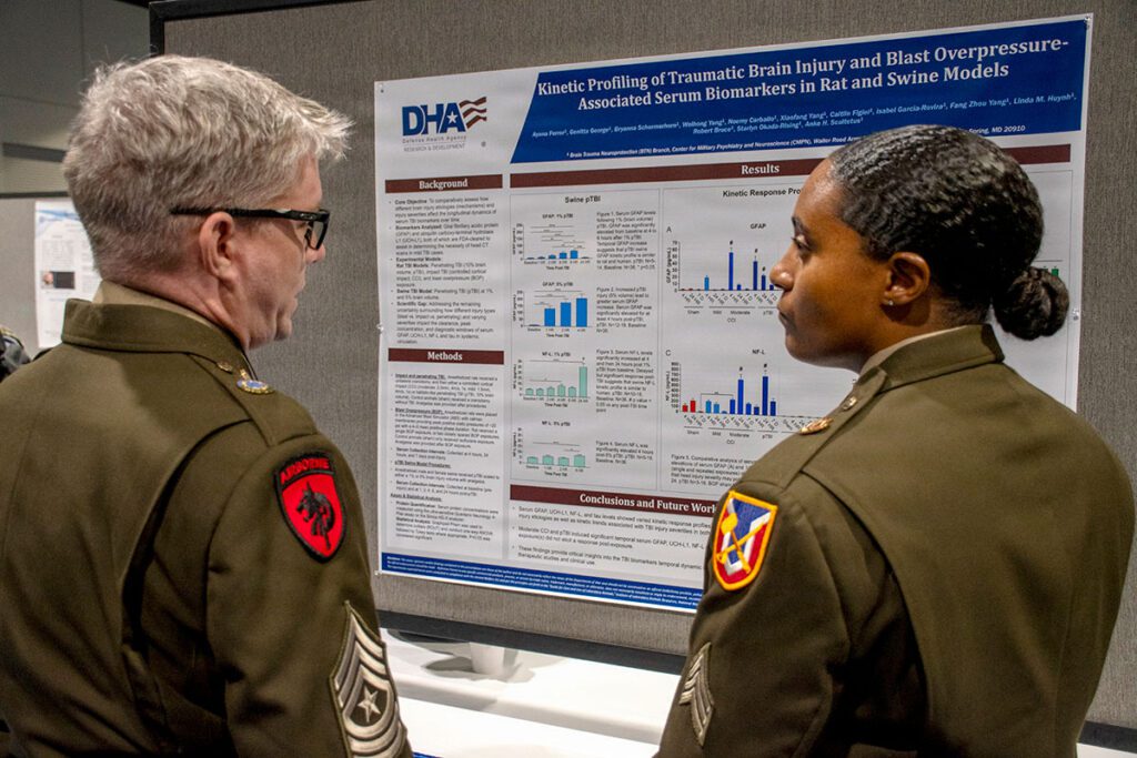 Two military medical personnel stand at a research poster presentation examining biomarker data related to traumatic brain injury and blast overpressure effects. The poster displays scientific background information, methods, results with charts and graphs, and conclusions. The researchers face the poster and appear engaged in discussion of the research findings. Professional conference setting with institutional branding is visible in the background.