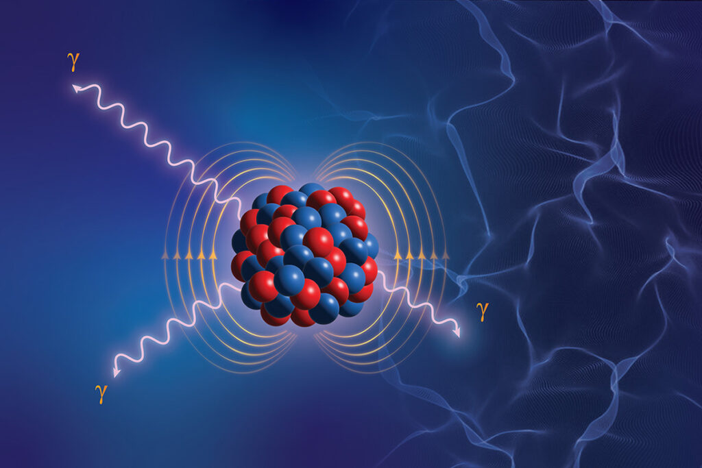 A cluster of tightly packed red and blue spheres, representing protons and neutrons, sits at the center of the image against a dark blue background. Four wavy lines radiate outward from the cluster in an X pattern toward the corners of the image, each ending in an arrow and labeled with the Greek letter gamma. Curved concentric arcs with small upward-pointing arrows emanate horizontally from both sides of the central cluster, suggesting a field pattern. The right side of the background features faint, wispy translucent ribbon-like textures.