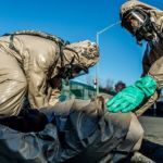 222nd Chemical Company soldiers prepared to transport a casualty during CBRN training with the NYPD. Credit: Harley Jelis 222nd Chemical Company CBRN Casualty Management Training